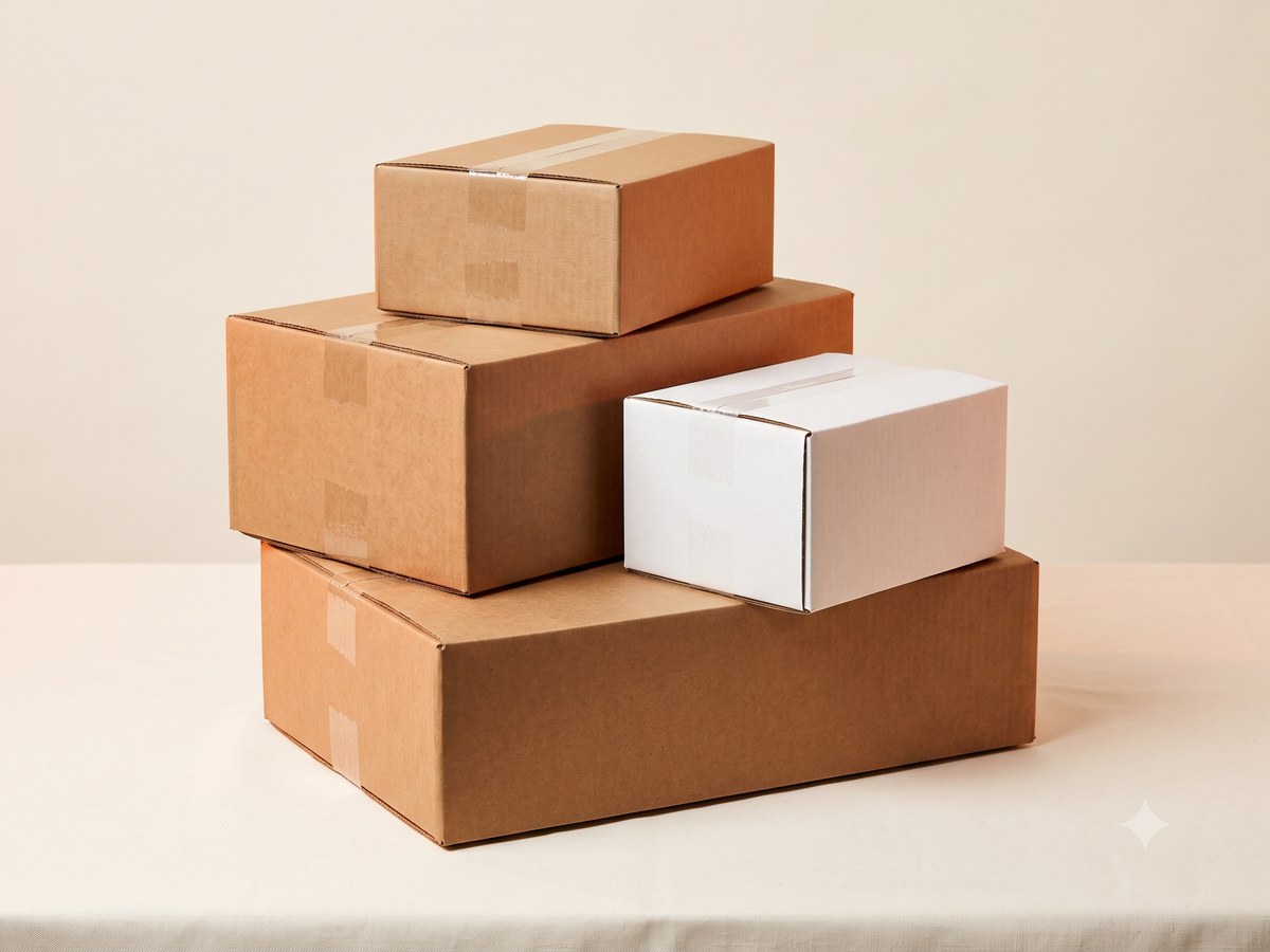 Cajas de cartón corrugado regulares (CRR) en kraft, apiladas